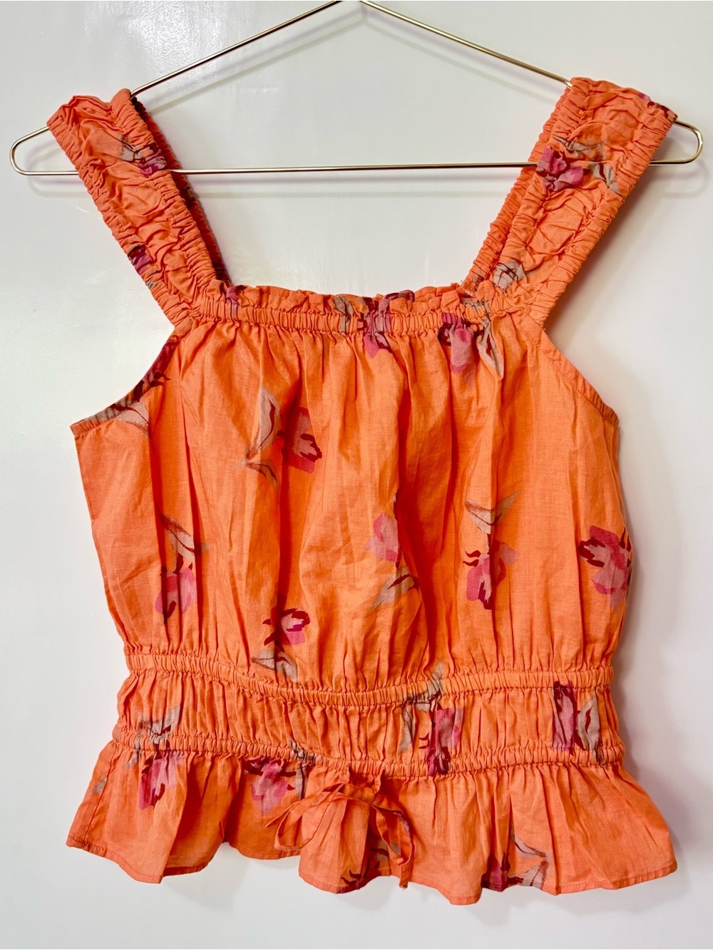 RW&CO.| Peachy Orange Floral Summer Smocked Sleeveless Top Blouse Sz S